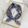 Floral cotton linen square neck scarf featuring blue and orange daisy print design - Mountain Cherry Blossom Pink