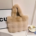 Beige faux fur bucket bag with a unique wavy base and soft plush handle for autumn - Khaki (No Pendant)