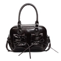 Borsa a mano retrò in pelle lucida marrone scuro con fiocco decorativo e doppie tasche - Marrone