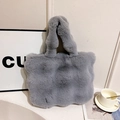 Dark gray plush tote bag with fluffy texture and integrated faux fur handles for winter - Grey Without Pendant