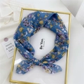 Blue floral cotton linen neckerchief with purple and yellow flower patterns for women - Butterfly Flower Blue