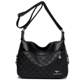 Black leather shoulder bag with textured checkerboard pattern and kangaroo metal tag - Small Grid Black