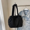 Black corduroy tote bag with drawstring closure and front pocket for casual styling - Black without Pendant