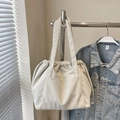 Off-white corduroy tote bag with large capacity and stylish front pocket detail - Rice White (No Pendant)