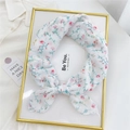 Floral cotton linen square scarf with pink and green flower print on white fabric - Feather Leaf Red Flower White