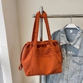 Large rust red corduroy tote bag with drawstring closure and front pocket for women - Brown No Pendant