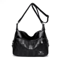 Elegant black woven textured PU leather shoulder bag for women with silver kangaroo logo - Vertical Stripe Black