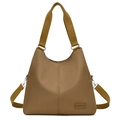 Khaki waterproof nylon tote bag with adjustable crossbody strap and silver hardware - Brown