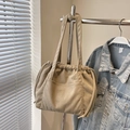 Beige corduroy tote bag with drawstring closure and front pocket for daily use - Khaki (No Pendant)