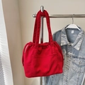 Retro red corduroy tote bag with drawstring closure and large front pocket for women - Wine Red Without Pendant