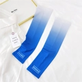Detail of blue and white gradient sun protection sleeves with Doria Dore logo on ice silk fabric - One Size / Gradient Blue