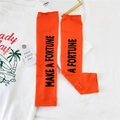 Detail of vibrant orange sun sleeves with black Make A Fortune text and thumb hole design - Orange