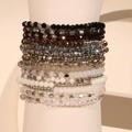 Stackable multilayer faux crystal beaded bracelet set with silver metal tube accents - 15-Strand Mixed Color Set (S-350-15pcs Set)