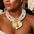 Exaggerated multi-layer pearl necklace with a large hammered gold bohemian metal pendant - Multi-layer Pearl Gold Hammered Metal (X-785)