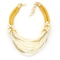 Collana di perle multistrato bohémien fatta a mano con perle bianche e accenti dorati - Stile perla multistrato in corda intrecciata giallo zenzero (X-622)