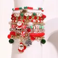 Christmas star bracelet set with Santa charm and red, green, white clay beads - Christmas Series Red Green White Gold Color (10 Pieces Set)