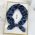 Navy blue linen-silk scarf with multicolor leaf print and delicate edge stitching - Bamboo Leaf Navy Blue