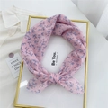 Pink floral cotton linen small square scarf with elegant blue flower print design - Hibiscus Pink