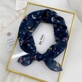 Navy blue floral cotton linen square scarf with delicate pink and yellow patterns - Firethorn Berry Navy Blue