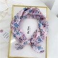 Pink floral cotton linen small square scarf tied in a neat bow knot shape - Butterfly Flower Pink