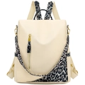 Mochila para mujer en color blanco crema con correas de leopardo y cremalleras doradas - Leopardo Gris Beige