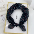 Floral cotton linen square scarf in black with red and blue flower pattern for women - Feather Leaf Red Flower Black