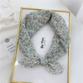 Light green floral cotton linen square scarf tied in a stylish ring knot - Galsang Flower Beige
