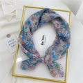 Floral cotton linen scarf featuring colorful daisy patterns and delicate machine stitching - Hualien Blue