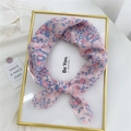 Floral cotton linen square scarf in light pink with blue and yellow flower patterns - Abundant Leaf Floral Pink