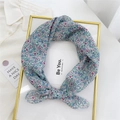 Light blue floral cotton linen square scarf with delicate pink flower patterns - Galsang Flower Gray