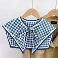 Detail of blue houndstooth fake collar with adjustable tie bow on khaki jacket - Houndstooth Blue (3F)