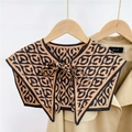 Detail of vintage geometric print shawl collar with tie-up bow on a wooden hanger - Rhombus Color Block C Camel (9F)