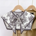 Detail of detachable beige scarf collar with gray toile de jouy print on trench coat - Forest Lion Coffee (12F)