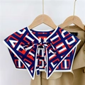 Detail of geometric pattern faux collar with bow tie on khaki trench coat - Letter Plaid White Red (15F)
