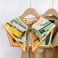 Floral geometric silk scarf shawl tied as a decorative collar over a trench coat - Colored Stripe Horse Orange (22F)