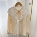 Cream long sleeve shirt with a white knit shawl wrap, elegant Korean style layering set - 43*90cm / Beige