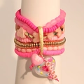 Bohemian multilayered pink beaded bracelet set with heart charms and KISS LOVE letters - Pink Multi-layer Heart & Letter Style (S-473)