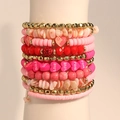 Multilayer pink beaded bracelet set with LOVE heart charms and soft pottery beads - Pink Heart Multi-layer Set (S-469)