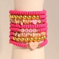 Multilayer hot pink heishi bead bracelet with natural stone and LOVE heart charms - Magenta Multi-layer Beaded Style (S-472)