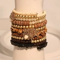 Bohemian multi-layer wrap bracelet featuring earth-tone beads and gold-tone chains - Bohemian Earth Tone Multi-layer Style (S-484)