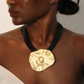 Statement necklace with oversized hammered gold pendant on black multi-strand cord - Hammered Geometric Gold-Tone Pendant Thin Cord (X-801 Waxed Cord)