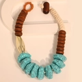 Detail of handmade ethnic acrylic necklace with turquoise beads and wood beads - Single Necklace / Blue Necklace (X-867)