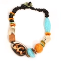 Bohemian turquoise leopard print beaded necklace with wood and gold metal accents - Style (X-868) / Black