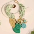 Detail of bohemian scarf necklace with green shell pendant and floral silk strap - Light Green (X-890)