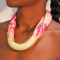 Bohemian U-shaped hammered gold necklace with pink floral satin fabric for women - Rose Red Floral Style (X-889)