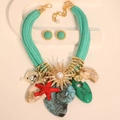 Parure marine avec collier en corde vert menthe, pendentif étoile de mer et coquillage - Ensemble collier et boucles d'oreilles