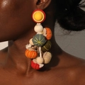 Handmade pumpkin-style fabric tassel earrings with colorful beads on a female model - Ethnic Red Yellow Fabric Ball(1# E-1846)