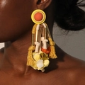 Boucles d'oreilles bohèmes en tissu avec fleurs et pompons oranges et jaunes vifs - Disque Jaune Pétale Fait Main(5# E-1850)