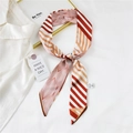Long silk scarf with red stripes and pink wave patterns on white shirt background - 8A Red Orange Stripes