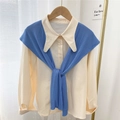 Beige long-sleeve shirt with blue knitted shawl wrap in Korean fashion style - 43*90cm / Light Blue